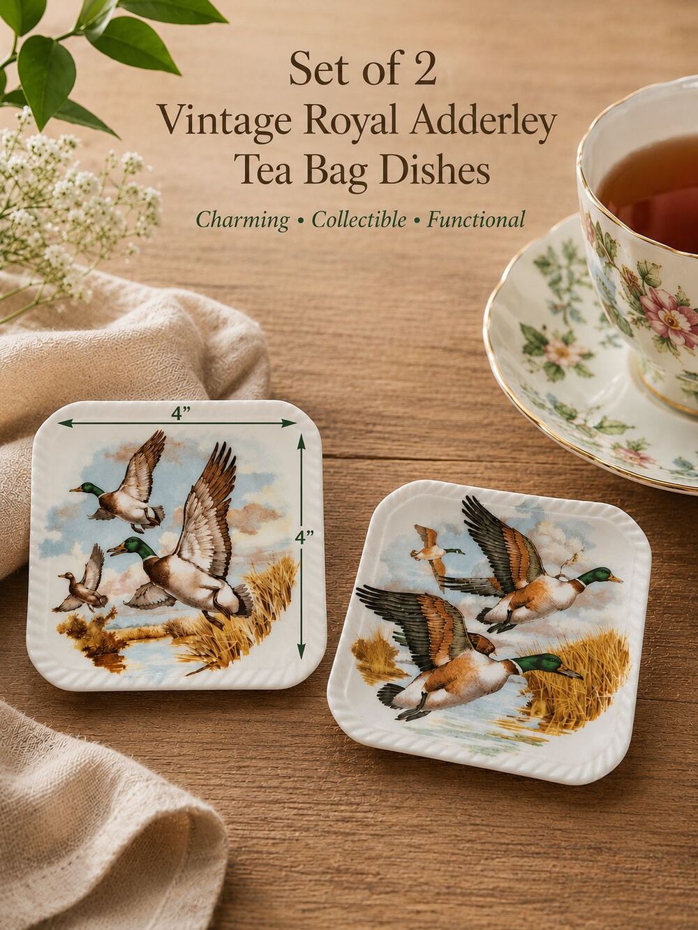 Vintage Royal Adderley Duck Tea Bag Dishes Set of 2 Bone China England 4"